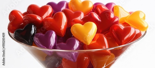 Colorful plastic hearts overflowing in a martini glass on a bright white background symbolizing love and celebration. photo