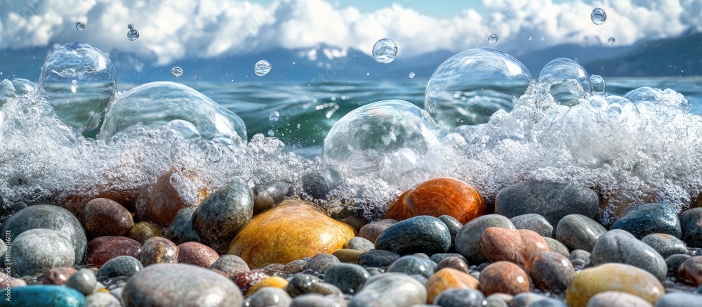 Colorful pebbles on a beach with ocean waves and a dramatic cloudy sky backdrop creating a serene coastal landscape scene Colorful pebbles on a beach with ocean waves and a dramatic cloudy sky backdrop creating a serene coastal landscape scene