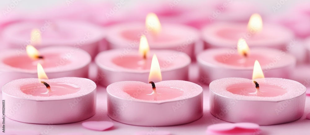 Romantic arrangement of heart-shaped pink candles with flickering flames surrounded by rose petals for a cozy ambiance Romantic arrangement of heart-shaped pink candles with flickering flames surrounded by rose petals for a cozy ambiance