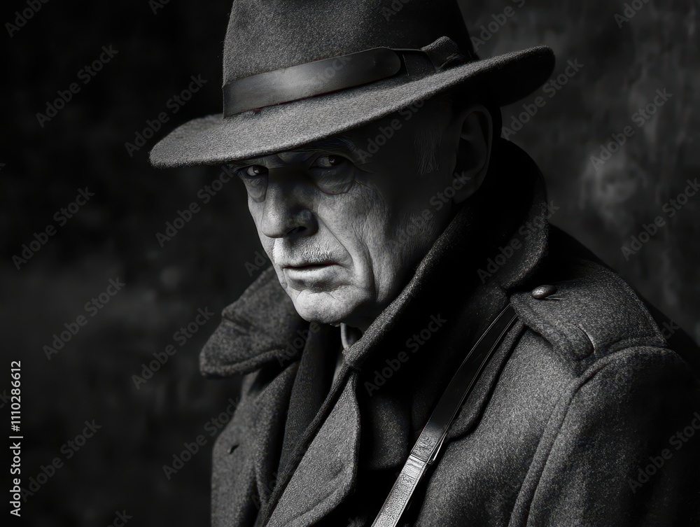 Dramatic black and white portrait of a man in a trench coat and fedora. Dramatic black and white portrait of a man in a trench coat and fedora.