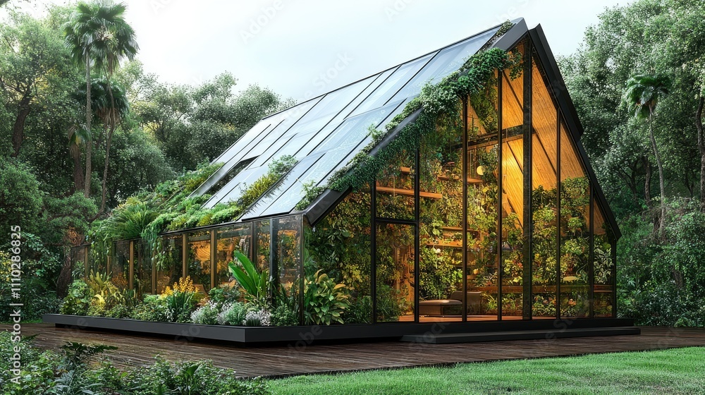 Modern glass house nestled in lush forest, showcasing abundant greenery and natural light. Modern glass house nestled in lush forest, showcasing abundant greenery and natural light.