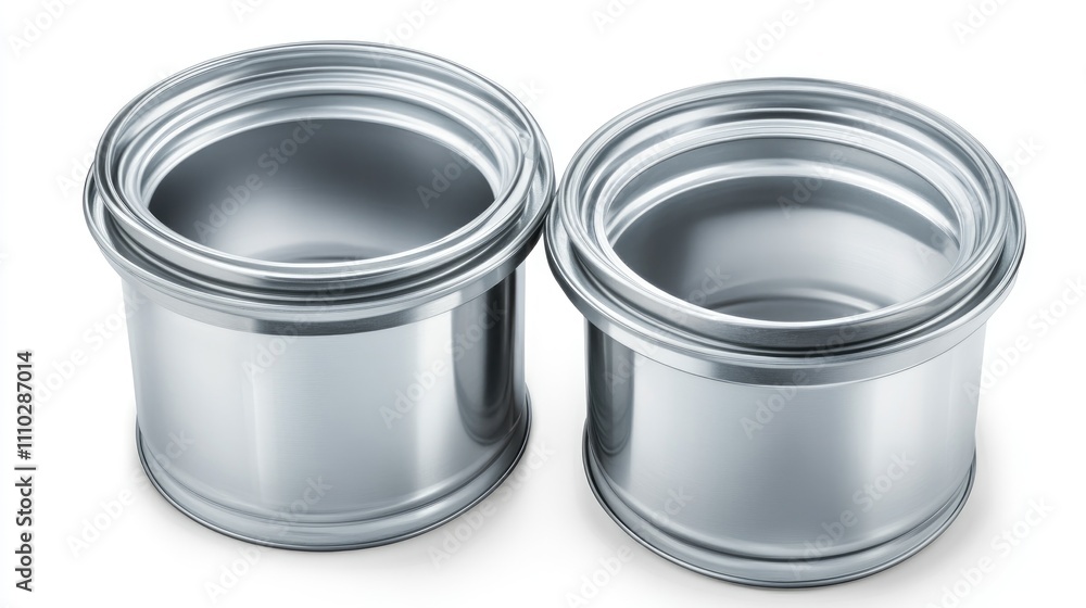 Twin open paint cans with a shiny metallic finish isolated on a white background ideal for home improvement or renovation concepts Twin open paint cans with a shiny metallic finish isolated on a white background ideal for home improvement or renovation concepts