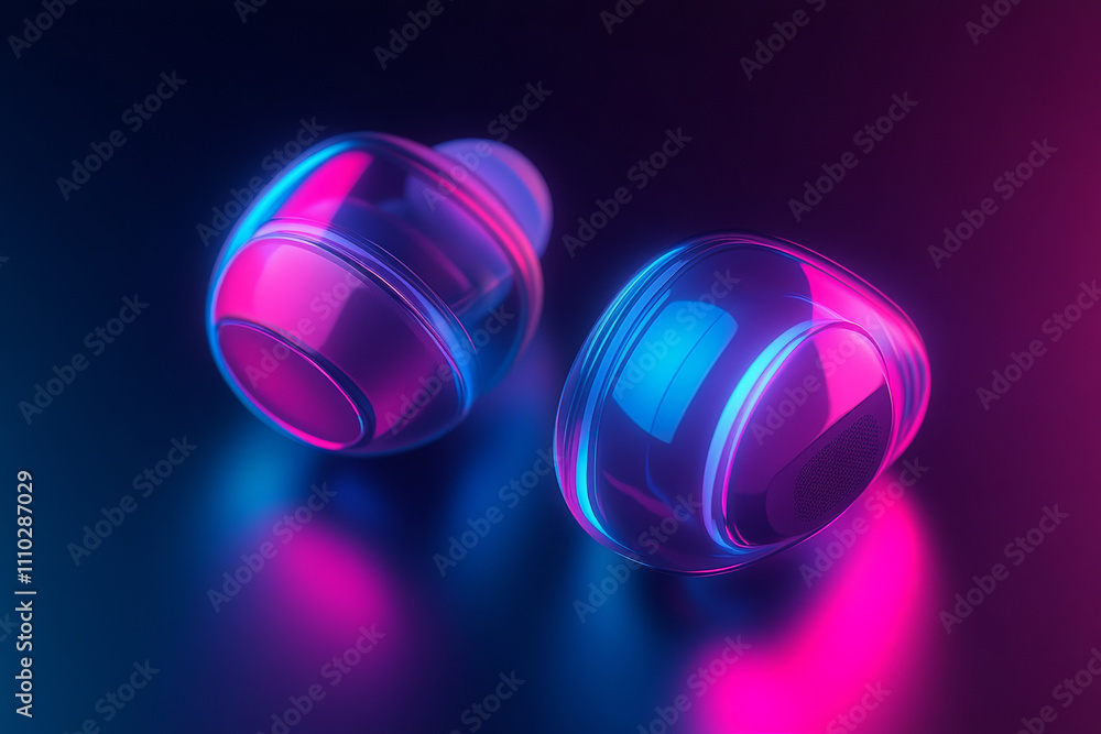 Close-up of minimalist wireless earbuds on the desk, illuminated by a gradient neon glow in blue and pink. Dark, softly textured background to enhance contrast. Close-up of minimalist wireless earbuds on the desk, illuminated by a gradient neon glow in blue and pink. Dark, softly textured background to enhance contrast.