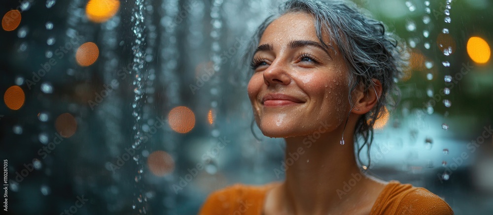 Obraz premium Mature woman enjoying refreshing outdoor shower with water jets showcasing happiness and tranquility in a serene lifestyle scene.