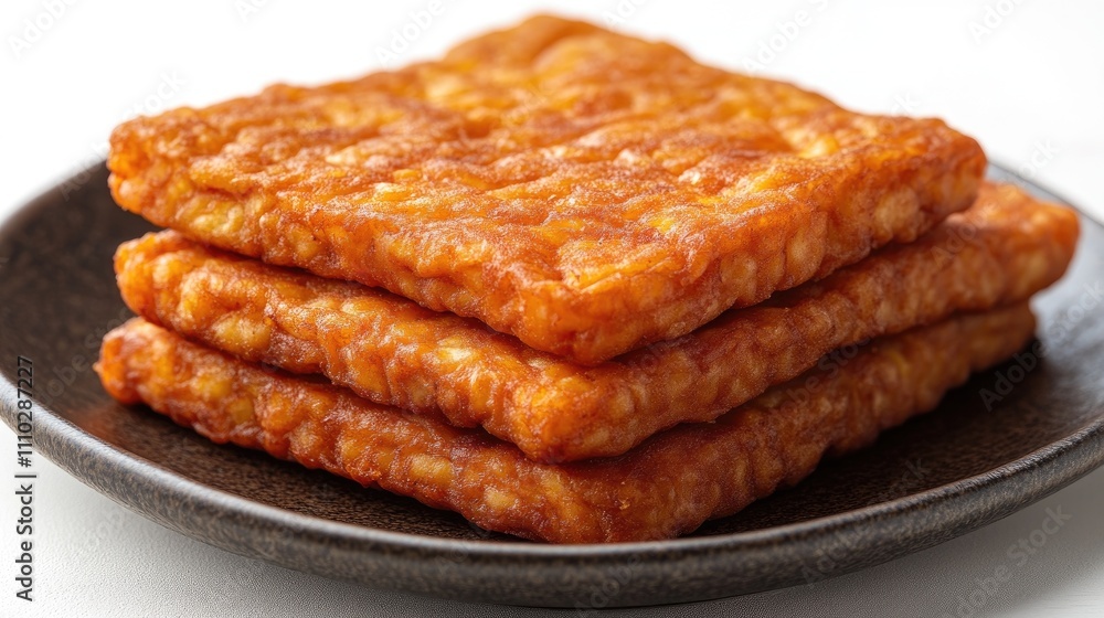 Crispy Tempe Goreng stacked on a plate showcasing traditional Indonesian fried tempeh with a golden flour coating on a light background Crispy Tempe Goreng stacked on a plate showcasing traditional Indonesian fried tempeh with a golden flour coating on a light background