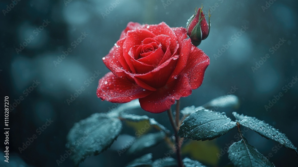 Vivid red rose surrounded by green leaves with raindrops against a soft blurred background showcasing its beauty and elegance. Vivid red rose surrounded by green leaves with raindrops against a soft blurred background showcasing its beauty and elegance.