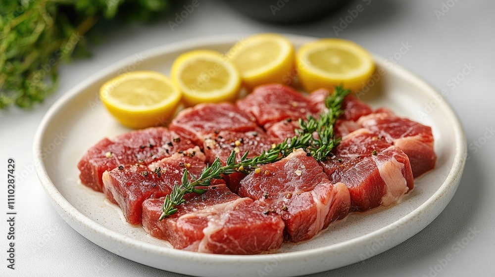 Fresh pork slices garnished with herbs and lemon slices on a white plate against a neutral background ready for culinary presentation Fresh pork slices garnished with herbs and lemon slices on a white plate against a neutral background ready for culinary presentation