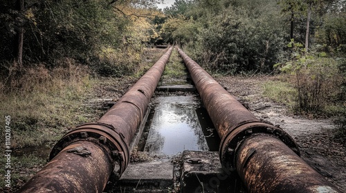 Rusty water pipelines running parallel through an overgrown landscape, reflecting in a nearby puddle, showcasing industrial decay and nature's reclamation, infrastructure, environment, urban explorati photo