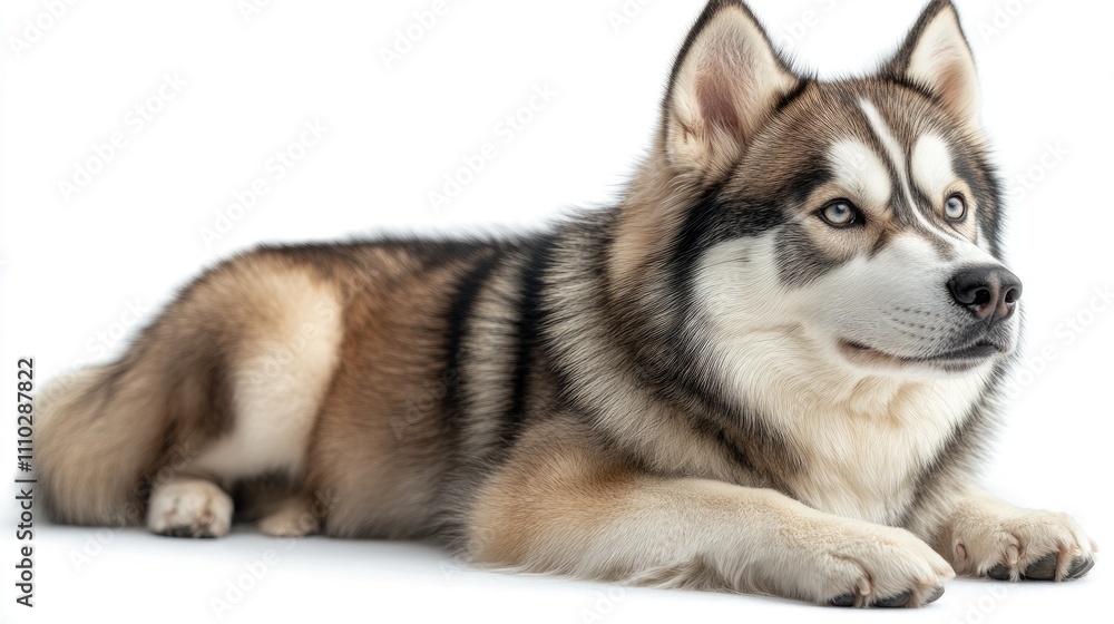 Obraz premium Purebred Siberian Husky resting gracefully on a white background with a focused gaze showcasing its beauty and unique characteristics