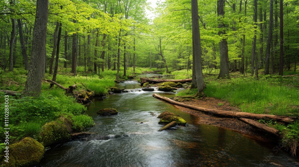 Obraz premium Lush green forest with a serene stream flowing gently through sunlit trees in a tranquil woodland setting