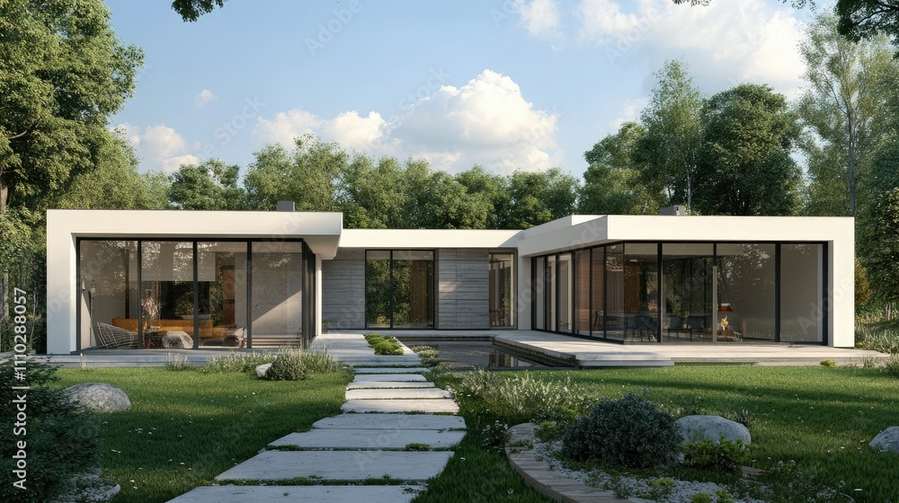 Fototapeta premium A contemporary L-shaped home with white-gray walls, long glass windows, and a landscaped garden reflecting elegance and simplicity