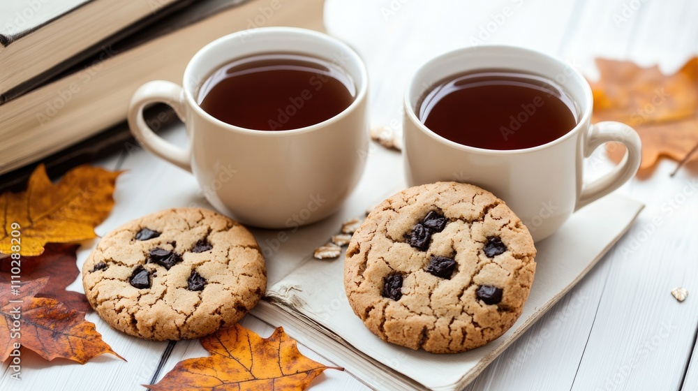 Autumn composition with hot tea in beige cups, dry maple leaves, old books, and oat chocolate cookies on a white table setting Autumn composition with hot tea in beige cups, dry maple leaves, old books, and oat chocolate cookies on a white table setting