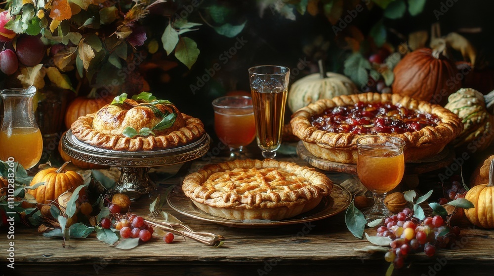 A harvest feast with pies and cider on a rustic table. A harvest feast with pies and cider on a rustic table.