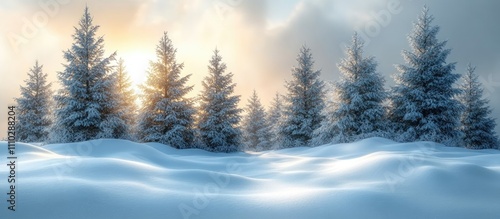 Serene winter landscape with snow-covered trees during sunset creating a peaceful Christmas and New Year atmosphere