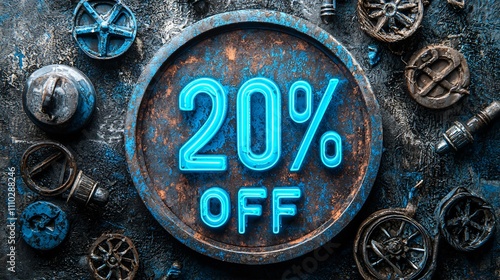 Modern discount percentage symbol displayed prominently against a textured industrial background photo