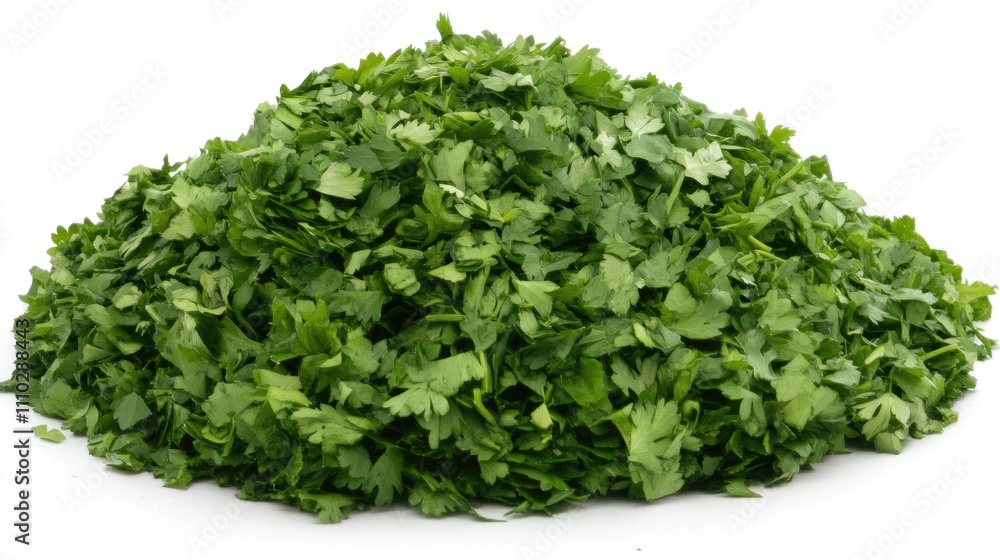 Freshly chopped parsley heap on a clean white background showcasing vibrant green leaves perfect for culinary use and food styling. Freshly chopped parsley heap on a clean white background showcasing vibrant green leaves perfect for culinary use and food styling.