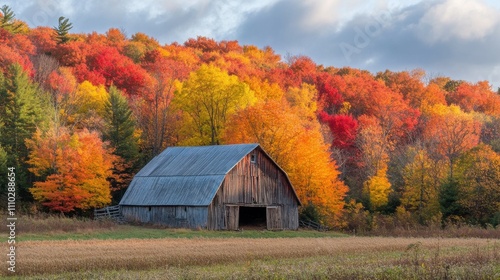 A weathered barn nestled among colorful autumn trees.