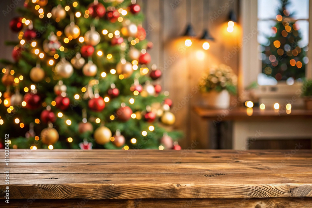 Rustic wooden table in front of a blurred Christmas tree and warm, cozy room. Rustic wooden table in front of a blurred Christmas tree and warm, cozy room.