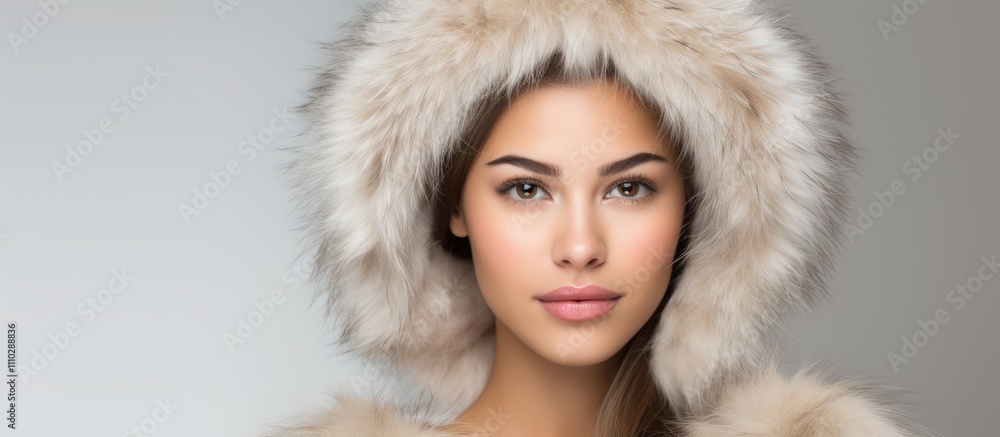Young woman in luxurious fur hat with natural beauty and soft expression against a minimalist white background showcasing elegance and warmth. Young woman in luxurious fur hat with natural beauty and soft expression against a minimalist white background showcasing elegance and warmth.