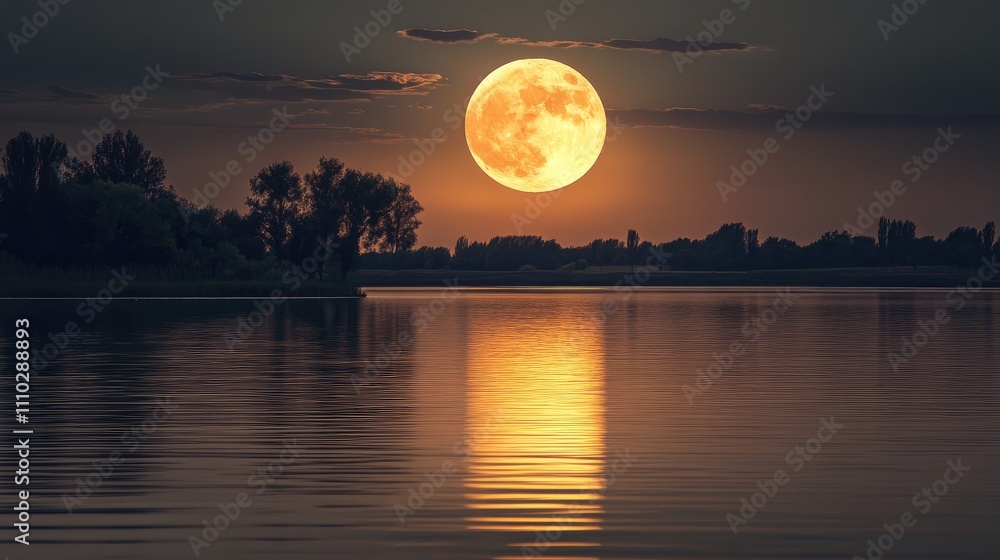 Golden full moon reflecting on calm waters at dusk with silhouettes of trees and a tranquil landscape in the background. Golden full moon reflecting on calm waters at dusk with silhouettes of trees and a tranquil landscape in the background.