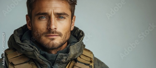 Man in military vest with serious expression on neutral backdrop showcasing strength and determination in a professional portrait. photo