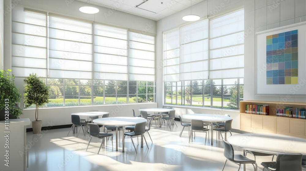 Bright, airy classroom-style room with modular seating, sleek white tables, minimalist decor, and natural light streaming in from big windows Bright, airy classroom-style room with modular seating, sleek white tables, minimalist decor, and natural light streaming in from big windows