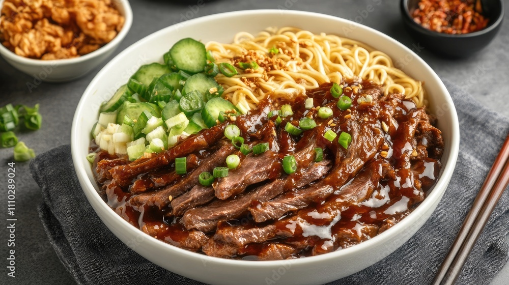Delicious duck noodle dish served in a white bowl with fresh vegetables and garnishes on a textured dark background Delicious duck noodle dish served in a white bowl with fresh vegetables and garnishes on a textured dark background