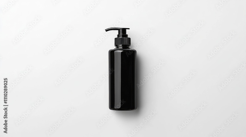 Elegant black plastic cosmetic pump bottle isolated on minimalist white background for beauty product packaging and branding concepts. Elegant black plastic cosmetic pump bottle isolated on minimalist white background for beauty product packaging and branding concepts.