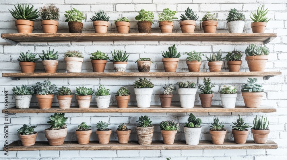 Shelving display of diverse house plants in terracotta and ceramic pots against a white brick wall for interior decor inspiration Shelving display of diverse house plants in terracotta and ceramic pots against a white brick wall for interior decor inspiration
