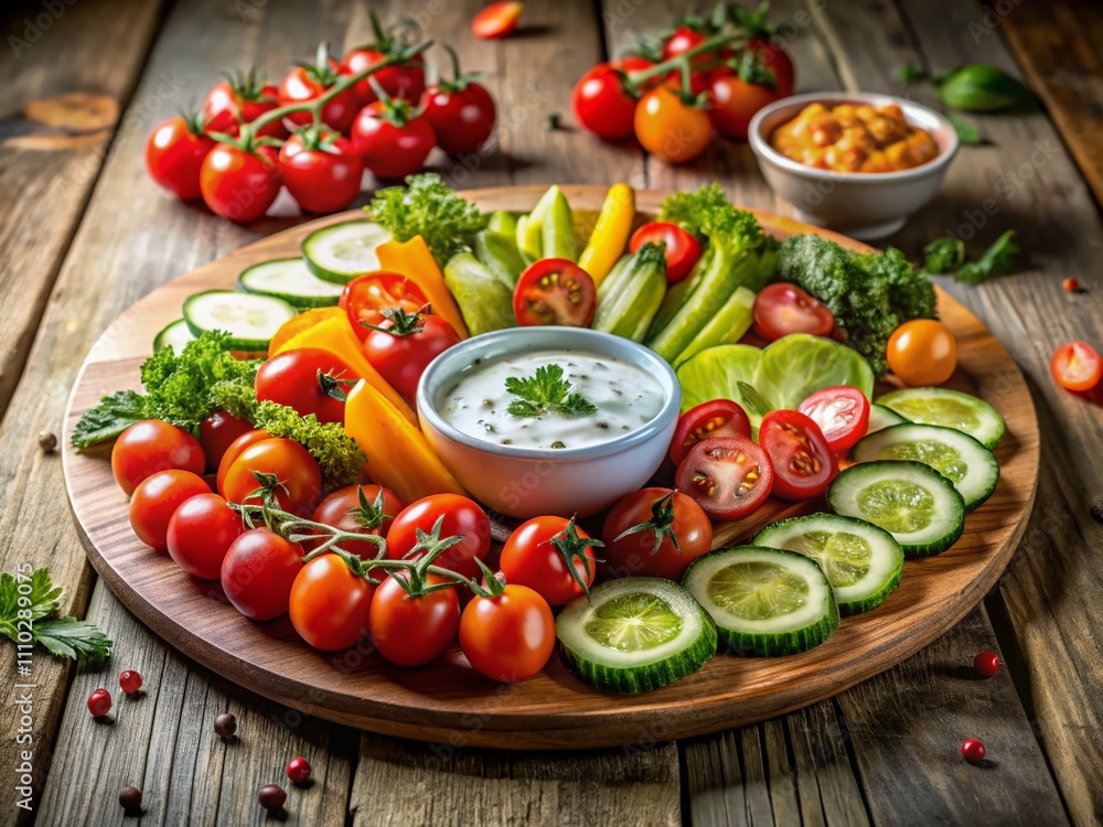 Delicious Long Exposure Shot of Tasty Appetizers Featuring Fresh Tomatoes and Crisp Cucumbers on a Rustic Wooden Table with Garnishes and Dipping Sauce Delicious Long Exposure Shot of Tasty Appetizers Featuring Fresh Tomatoes and Crisp Cucumbers on a Rustic Wooden Table with Garnishes and Dipping Sauce