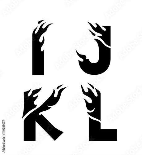 Fire Letters Design Silhouette Set, I, J, K, L or Initials Ink Tattoo