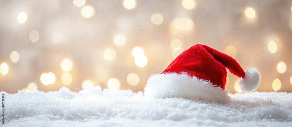 Santa Claus Hat on Snow with Soft Bokeh Lights Creating a Festive Holiday Decoration Background