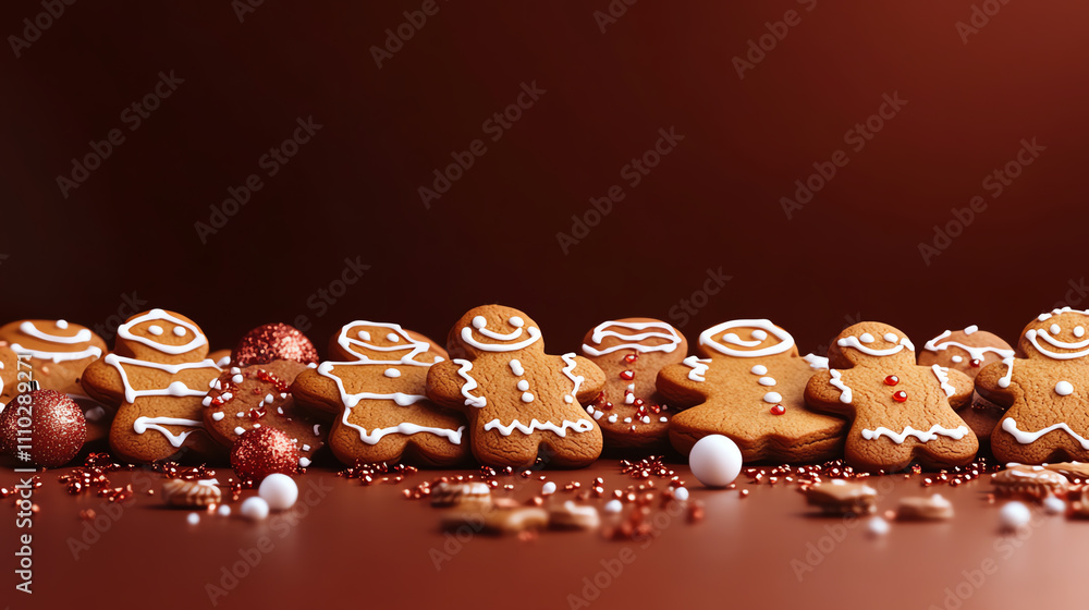 Decorative gingerbread cookies lined up with festive toppings and colorful sprinkles. Decorative gingerbread cookies lined up with festive toppings and colorful sprinkles.