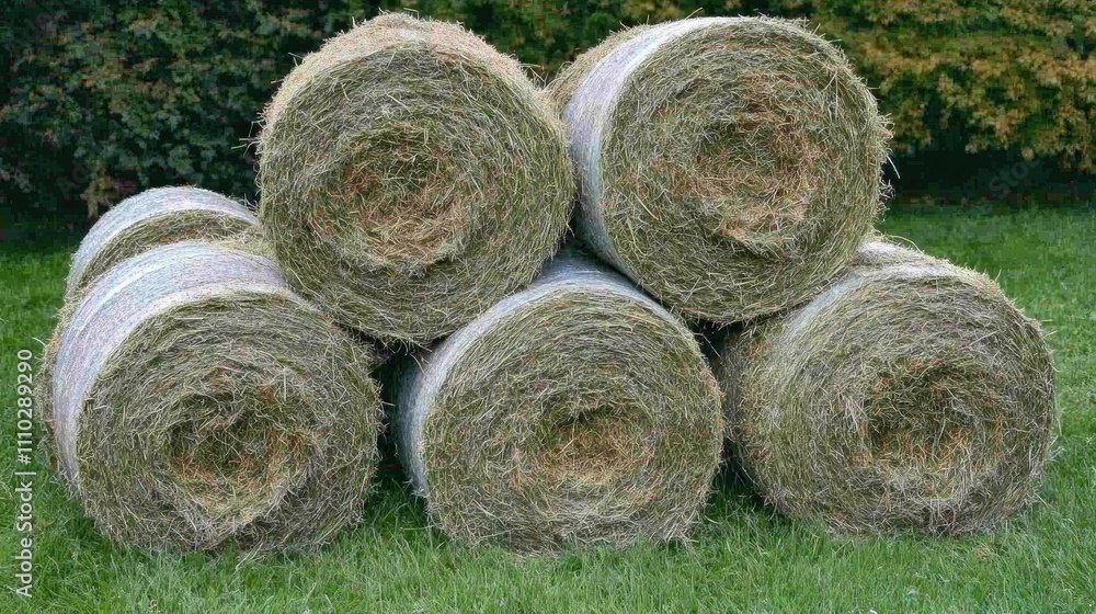 Storage of hay bales in a lush green agricultural field showcasing traditional farming practices and rural landscape. Storage of hay bales in a lush green agricultural field showcasing traditional farming practices and rural landscape.