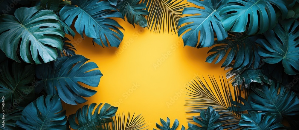Naklejka premium Tropical vacation theme with vibrant yellow backdrop surrounded by lush green palm leaves ideal for summer promotions and text placement