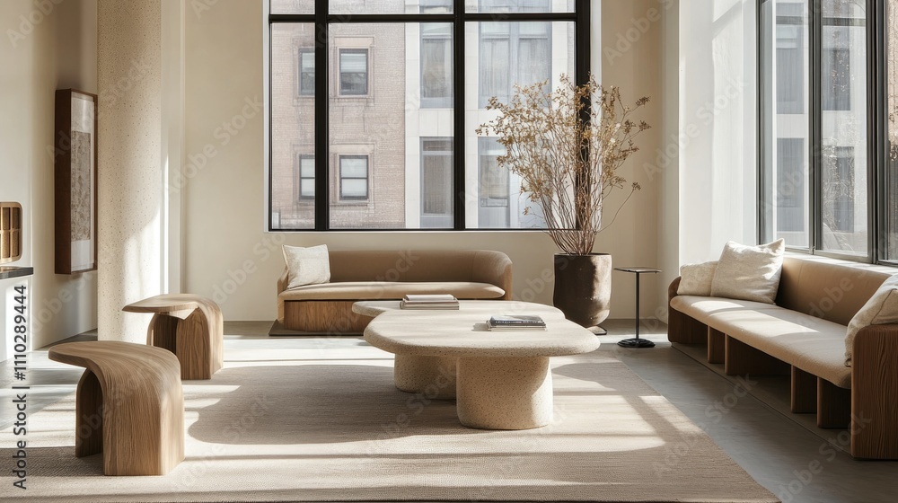 Collaborative workspace featuring stone-finish beige tables, cozy neutral seating, and large windows bringing in bright sunlight Collaborative workspace featuring stone-finish beige tables, cozy neutral seating, and large windows bringing in bright sunlight
