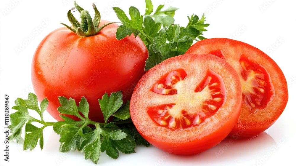 Fresh ripe tomato with slices and parsley on a white background ideal for food and culinary presentations or healthy eating concepts Fresh ripe tomato with slices and parsley on a white background ideal for food and culinary presentations or healthy eating concepts