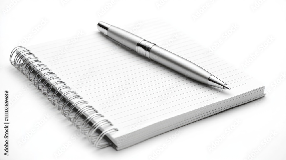 Spiral notepad with silver pen on blank pages for note taking or writing ideas in a professional setting Spiral notepad with silver pen on blank pages for note taking or writing ideas in a professional setting