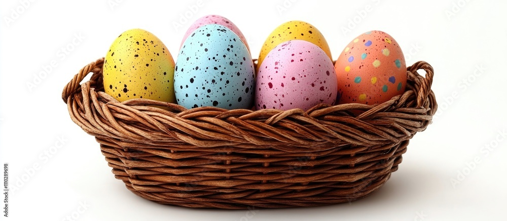 Wicker basket filled with colorful Easter eggs on a clean white background perfect for seasonal decorations and holiday celebrations. Wicker basket filled with colorful Easter eggs on a clean white background perfect for seasonal decorations and holiday celebrations.