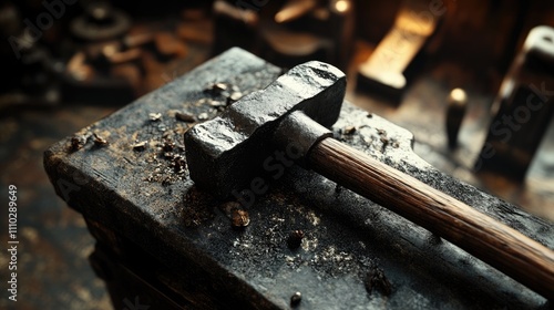 Medieval hammer detail showcasing an antique stone working tool on a rustic workbench with metal shavings and weathered wood