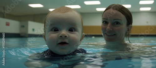 Baby enjoying swimming pool playtime with mother creating joyful family memories in water activities photo