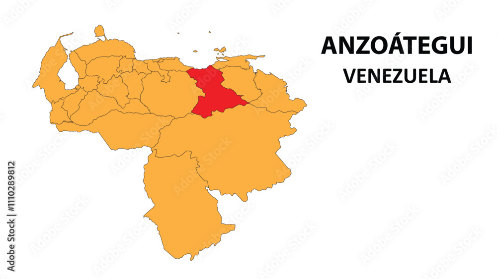 Obraz premium Anzoátegui Map is highlighted on the Venezuela map with detailed state and region outlines.