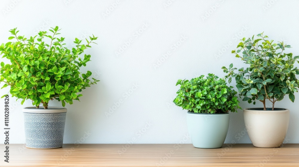 Green houseplants in decorative pots on a wooden table against a white wall creating a serene bedroom atmosphere with copy space for text Green houseplants in decorative pots on a wooden table against a white wall creating a serene bedroom atmosphere with copy space for text