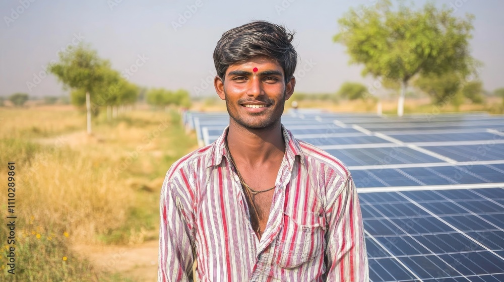Young Indian engineer at a solar panel farm promoting sustainable energy and innovation in renewable resources. Young Indian engineer at a solar panel farm promoting sustainable energy and innovation in renewable resources.