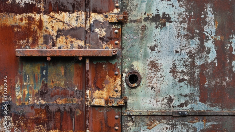 Rusty textures on the exterior of an abandoned building showcasing aged metal and peeling paint in an urban decay setting Rusty textures on the exterior of an abandoned building showcasing aged metal and peeling paint in an urban decay setting