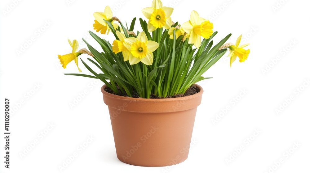 Blooming yellow daffodils in a terracotta pot showcasing spring's vibrant beauty against a clean white backdrop Blooming yellow daffodils in a terracotta pot showcasing spring's vibrant beauty against a clean white backdrop