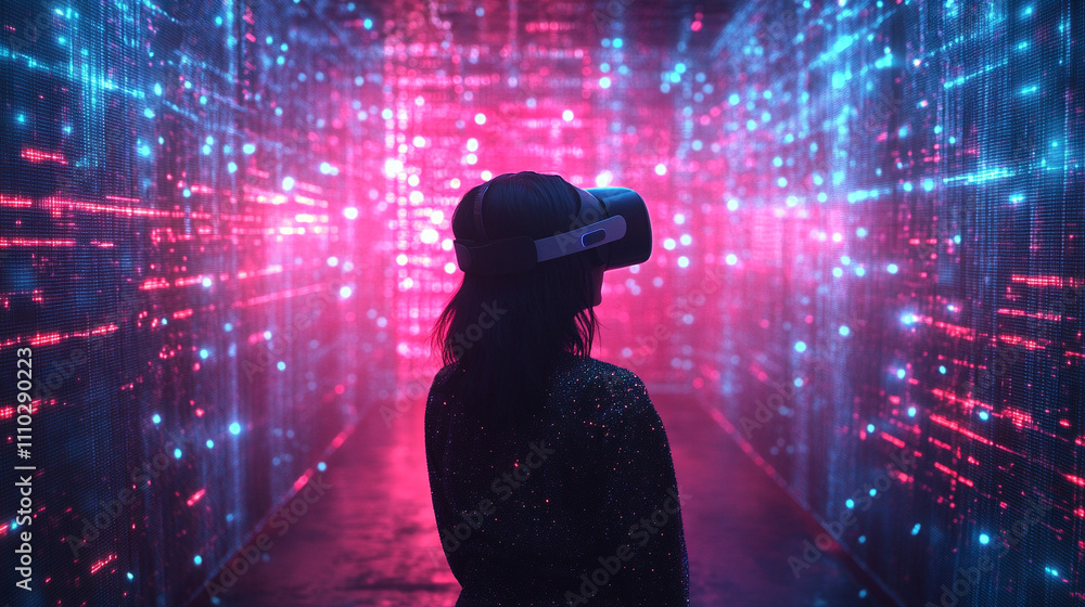 woman walking into a virtual world representing the metaverse with vibrant digital lights futuristic cityscapes and immersive elements symbolizing exploration technology and human curiosity woman walking into a virtual world representing the metaverse with vibrant digital lights futuristic cityscapes and immersive elements symbolizing exploration technology and human curiosity