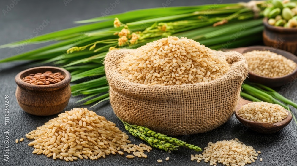 Natural rice grain textures with burlap sack and green rice plants on rustic surface, showcasing organic farming and healthy eating concepts. Natural rice grain textures with burlap sack and green rice plants on rustic surface, showcasing organic farming and healthy eating concepts.