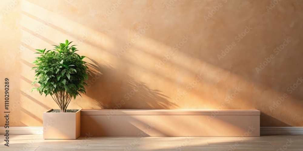 Minimalist Interior Design with a Plant and a Long Bench in a Room with Warm, Natural Light Minimalist Interior Design with a Plant and a Long Bench in a Room with Warm, Natural Light