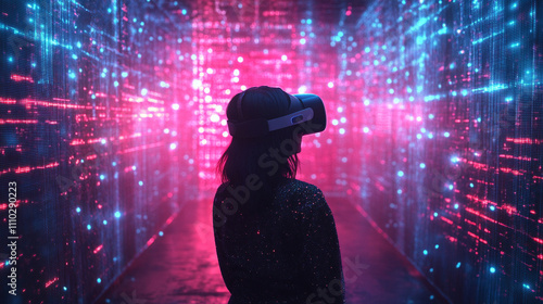 woman walking into a virtual world representing the metaverse with vibrant digital lights futuristic cityscapes and immersive elements symbolizing exploration technology and human curiosity